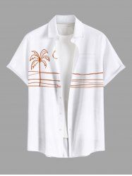 Plus Size Coconut Tree Sun Sea Waves Stick Figure Print Buttons Pocket Hawaii Shirt For Men -  