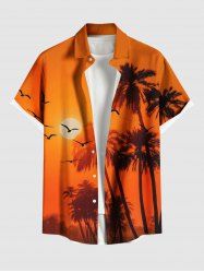 Plus Size Coconut Tree Dusk Sunset Print Hawaii Button Pocket Shirt For Men -  