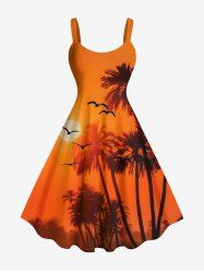 Robe débardeur trapèze hawaïenne grande taille à imprimé cocotiers, crépuscule et coucher de soleil - Orange Foncé XXS