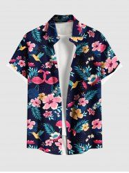 Plus Size Tropical Leaf Flowers Flamingo Print Buttons Pocket Hawaii Shirt For Men -  