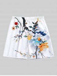 Plus Size Ombre Watercolor Floral Leaf Branch Print Hawaii Drawstring Beach Shorts For Men -  