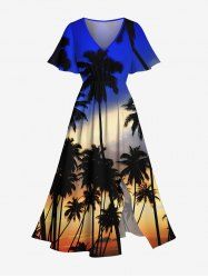 Robe mi-longue hawaïenne grande taille à imprimé cocotiers ombré et crépuscule - Bleu XXS
