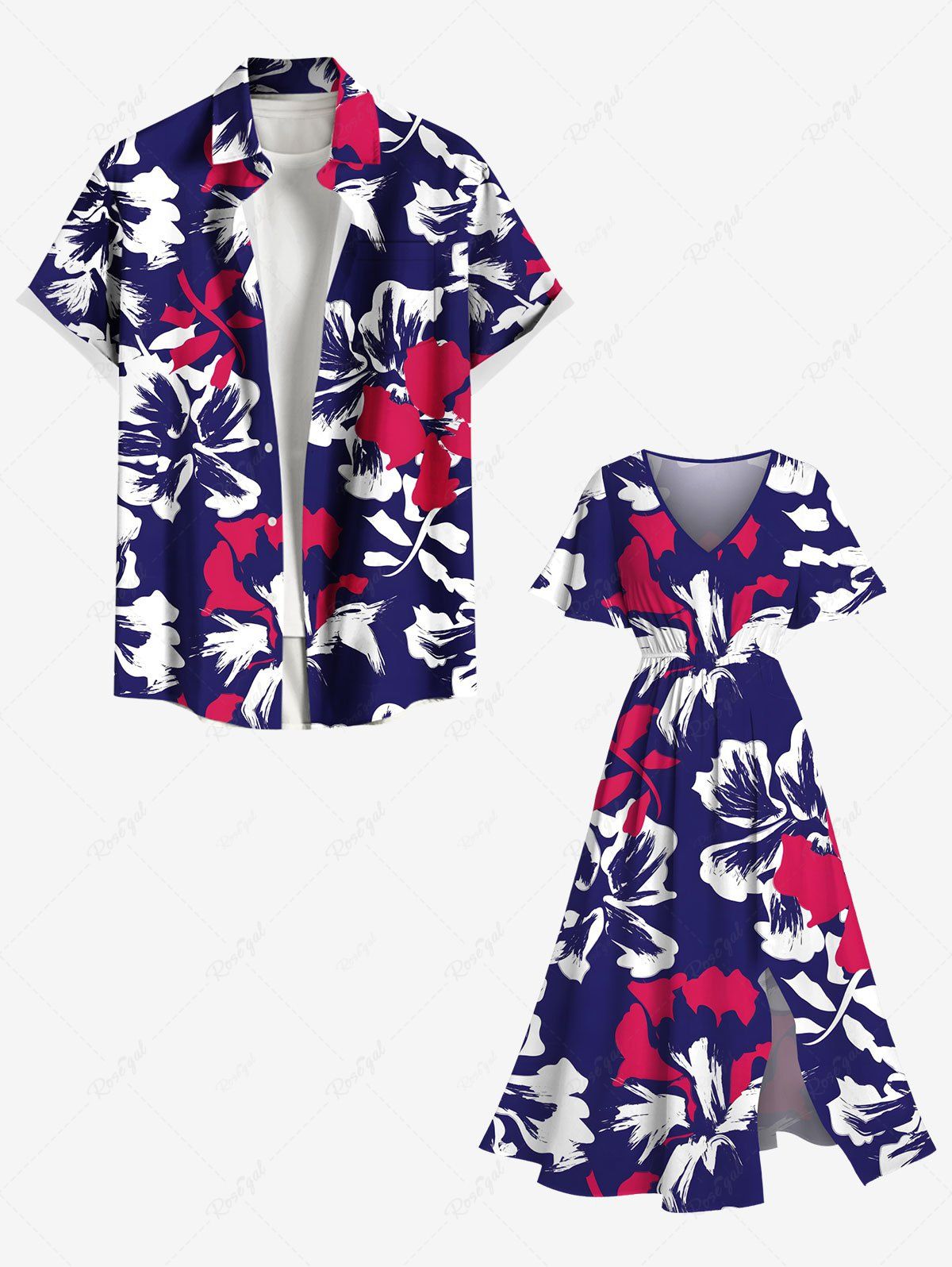 Tenue de plage hawaïenne assortie grande taille à imprimé feuilles tropicales et fleurs d'hibiscus pour couples Pourpre  