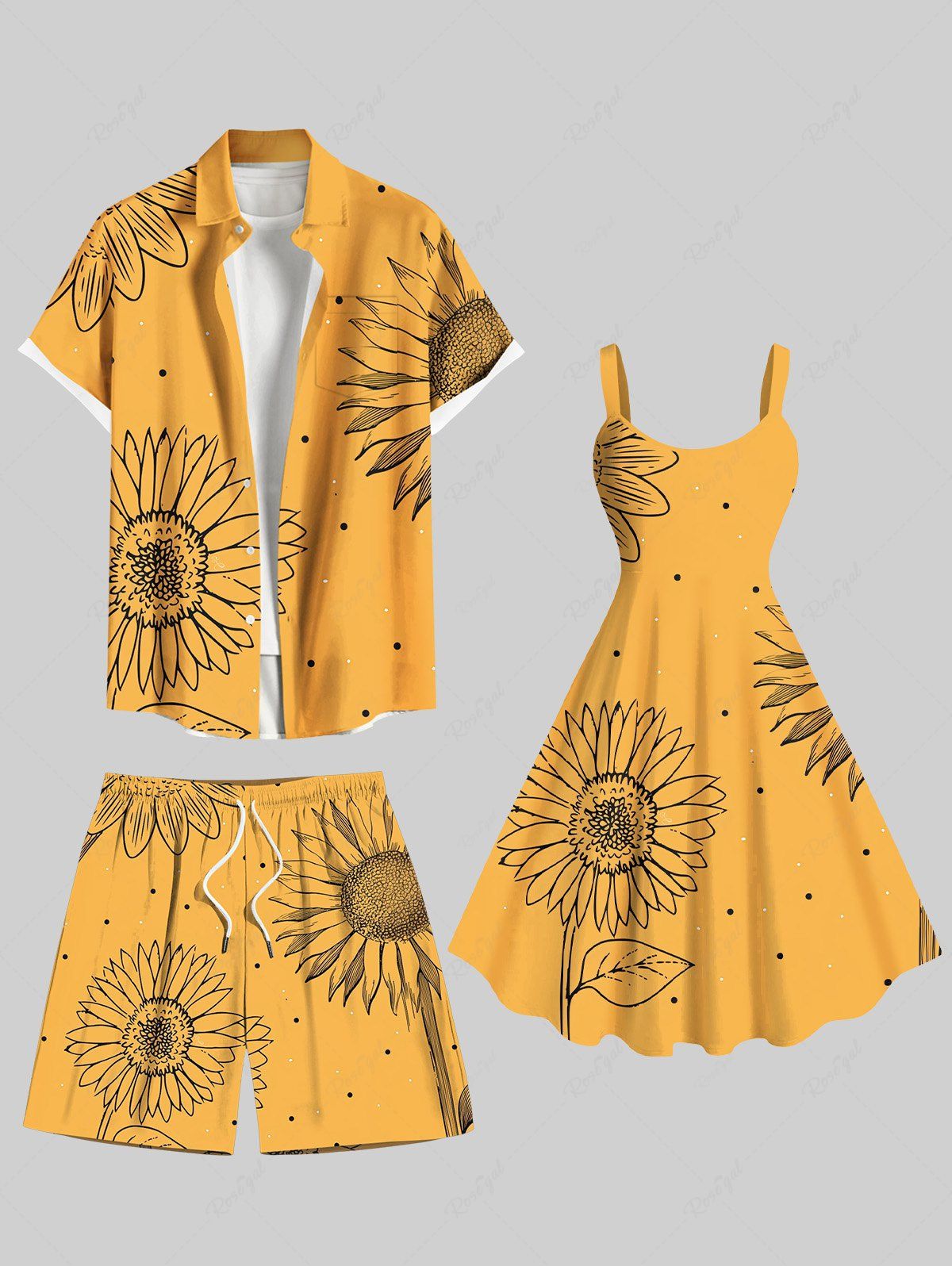 Outfits Sunflowers Dots Print Plus Size Matching Hawaii Beach Outfit For Couples  
