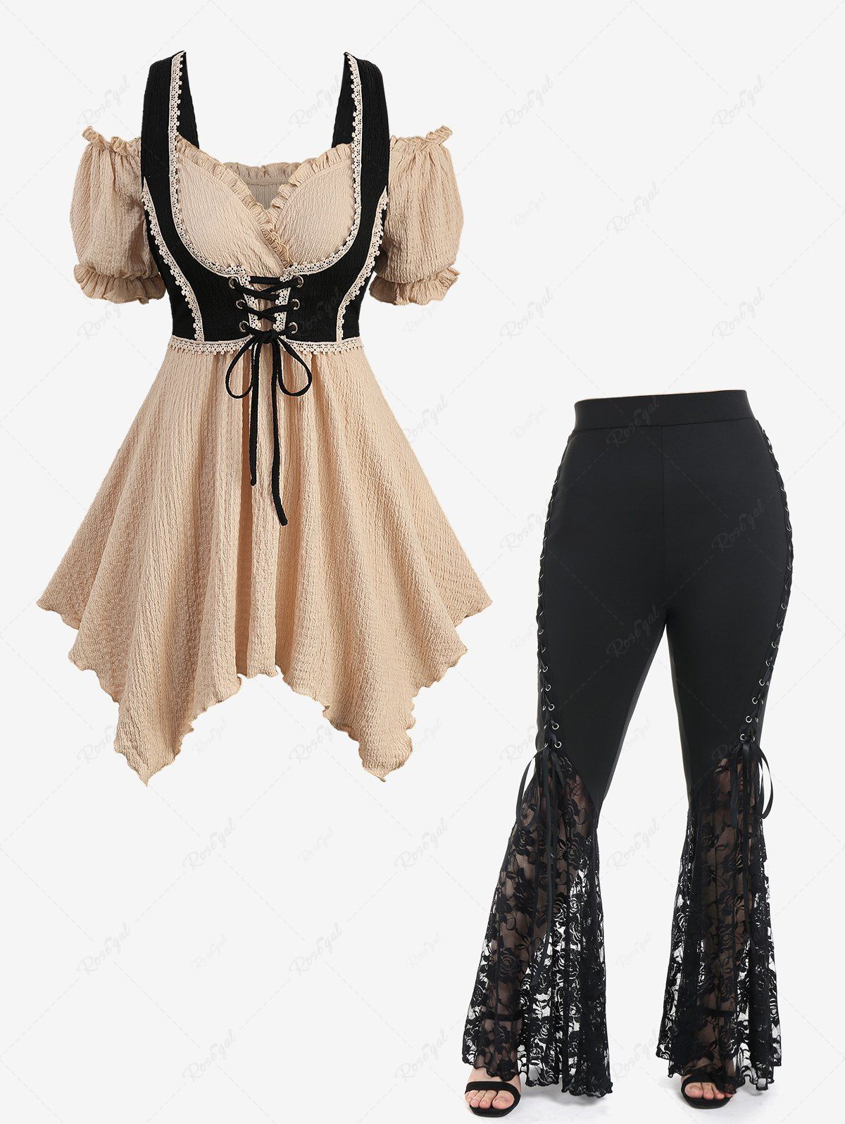 Fashion Textured Ruffles Flower Trim Crochet 2 in 1 Corset Top and Lace Flare Pants with Lace-up Plus Size Outfit  