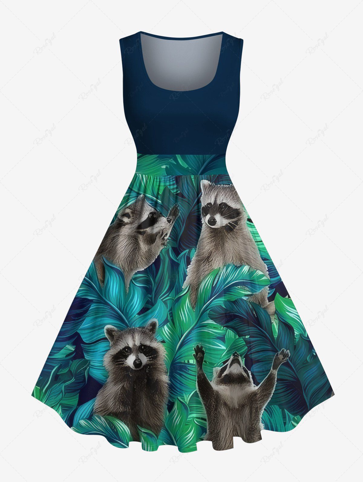 Outfits Plus Size Tropical Leaf Little Raccoon Print Hawaii 1950s Vintage Dress  
