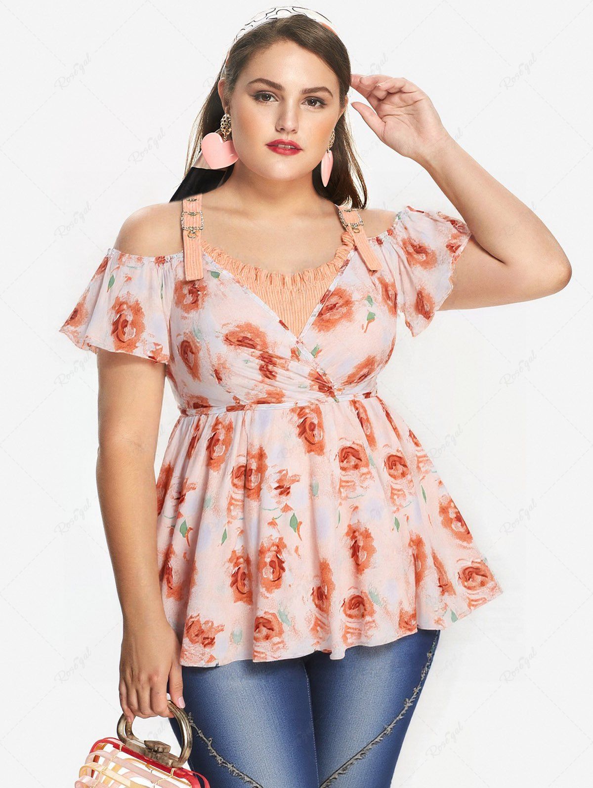 Sale Plus Size Rose Flower Print Surplice Ruffles Split Tulip Hem Cold Shoulder 2 In 1 Tank Top  