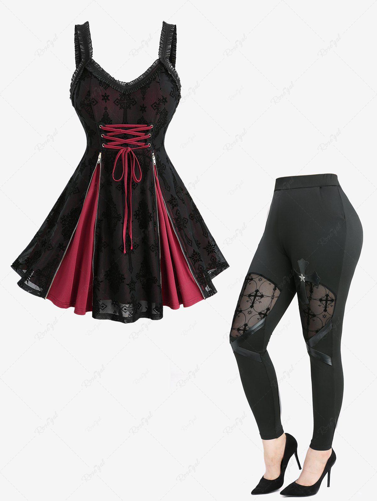 Ensemble débardeur en maille floquée, fermeture éclair, lacets, volants et leggings en cuir PU avec poches patchwork, grande taille Rouge 