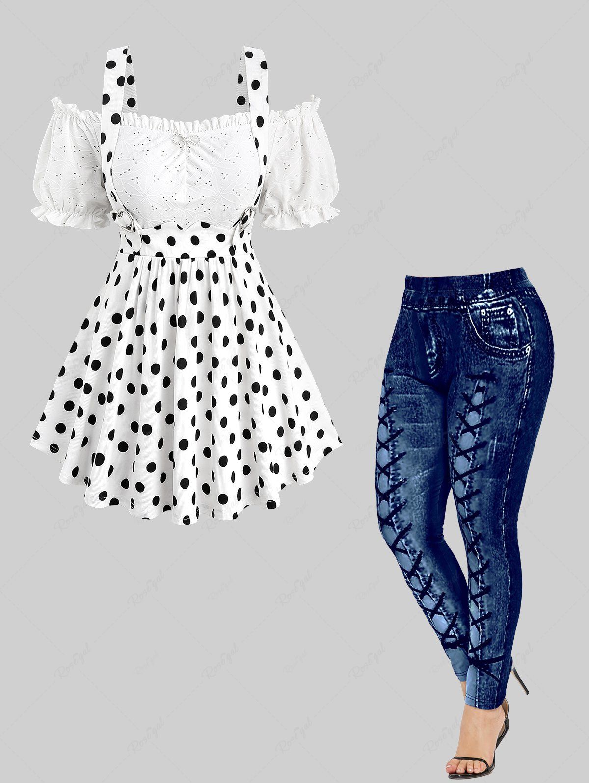 Shop Polka Dot Print Bowknot Hollow Out Cold Shoulder Top and High Waisted Leggings Plus Size Outfit  