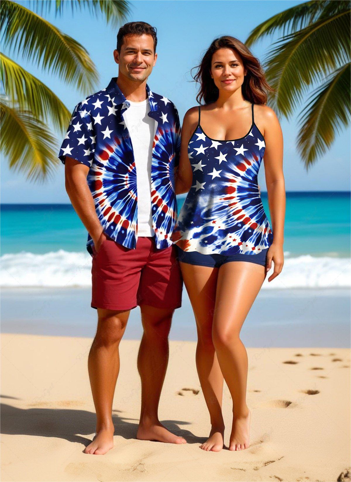 New Spiral Tie Dye Patriotic American Flag Print Shirt Swimsuit Plus Size Matching Hawaii Beach Outfit For Couples  