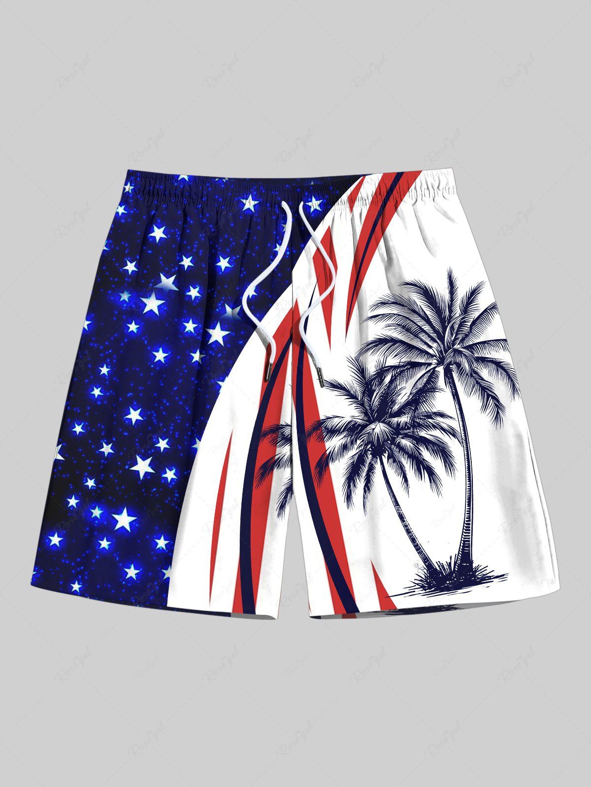 Chic Plus Size Coconut Tree Curve Patriotic American Flag Print Hawaii Drawstring Beach Shorts For Men  