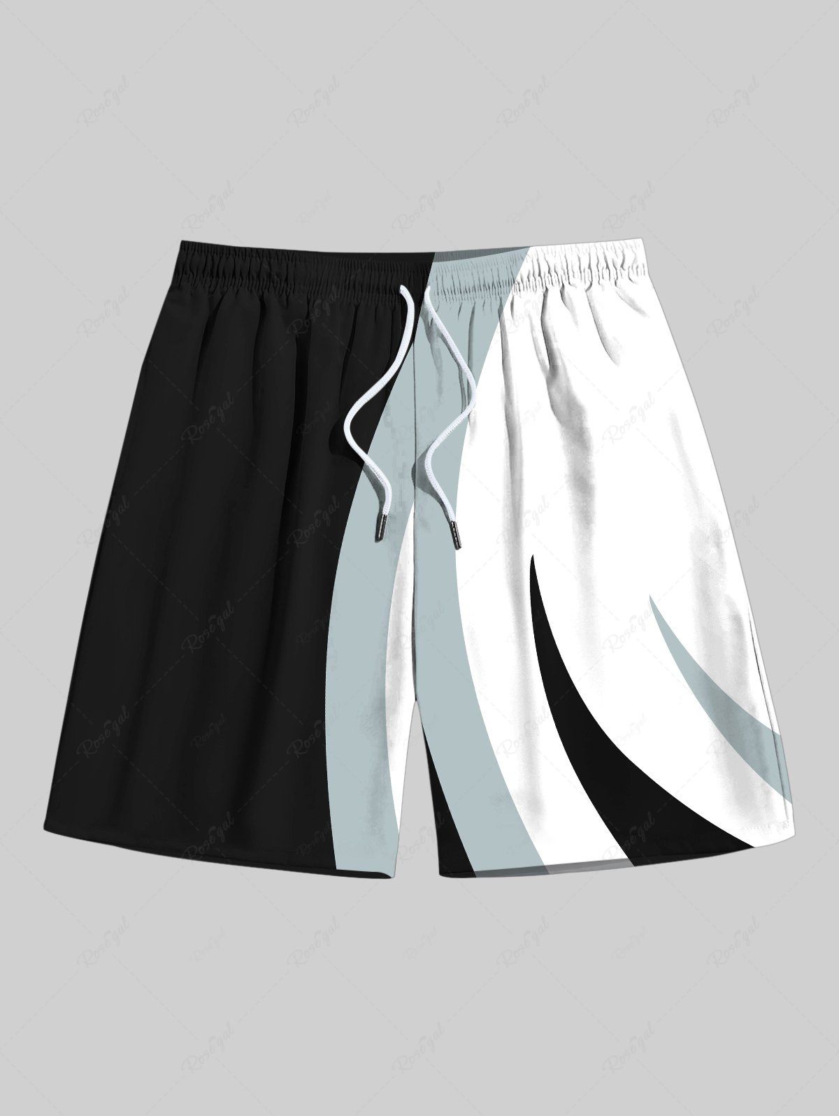 Chic Plus Size Colorblock Curve Print Hawaii Drawstring Beach Shorts For Men  