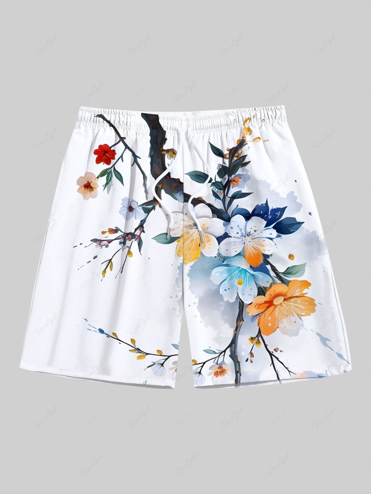 Best Plus Size Ombre Watercolor Floral Leaf Branch Print Hawaii Drawstring Beach Shorts For Men  