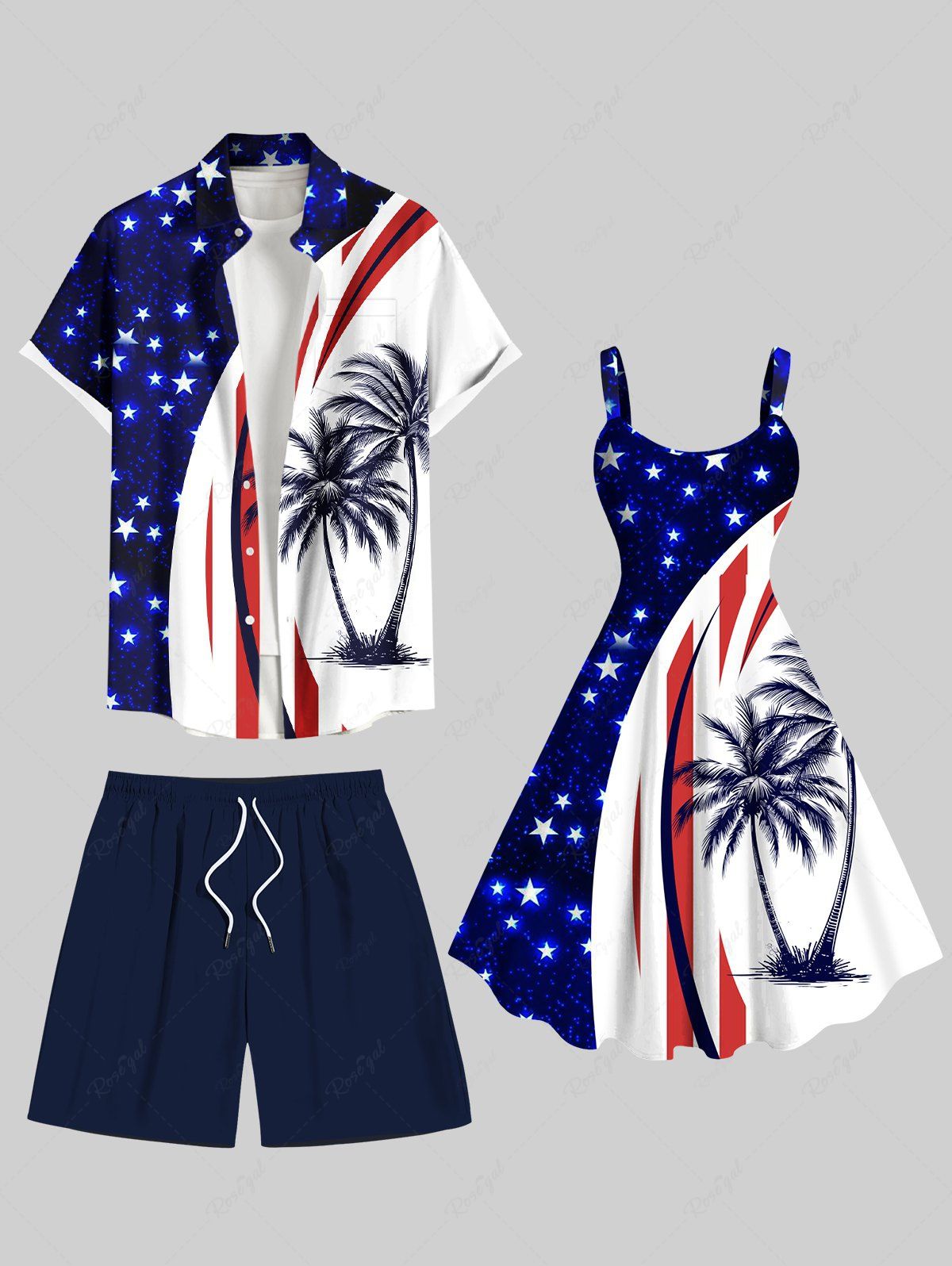 Sale Coconut Tree Patriotic American Flag Curve Print Plus Size Matching Hawaii Beach Outfit For Couples  
