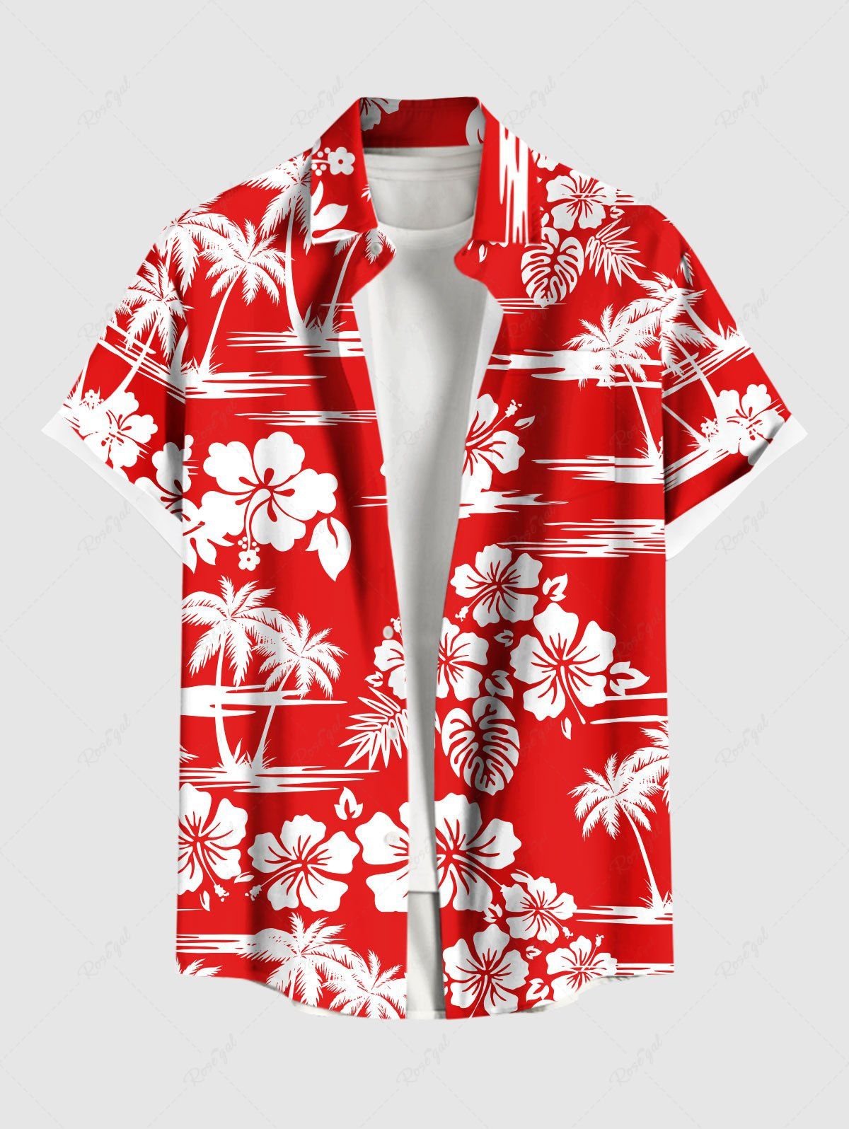Hot Plus Size Tropical Leaf Hibiscus Flowers Coconut Tree Print Buttons Pocket Hawaii Shirt For Men  