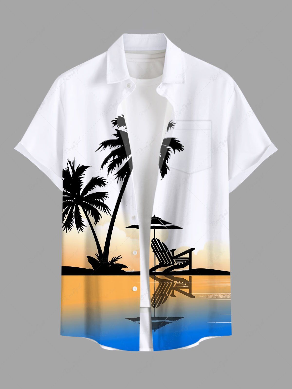 Affordable Plus Size Coconut Tree Seascape Ombre Colorblock Print Buttons Pocket Hawaii Shirt For Men  