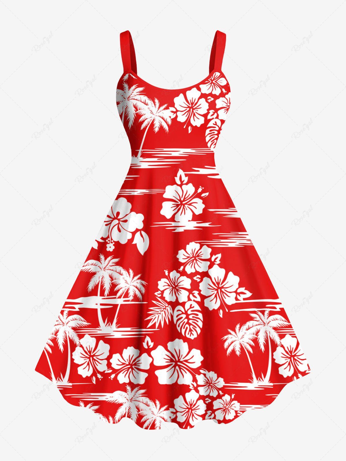 Unique Plus Size Tropical Leaf Hibiscus Flowers Coconut Tree Print Hawaii Tank Dress  
