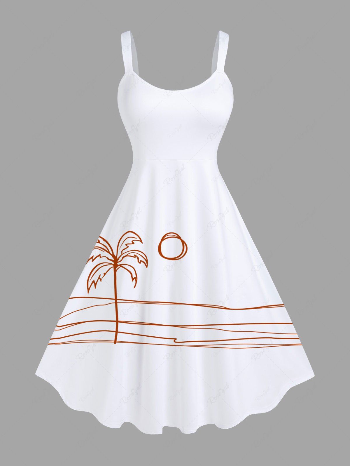 Robe débardeur hawaïenne grande taille à imprimé cocotier, soleil, vagues et silhouettes en bâton Blanc XXS