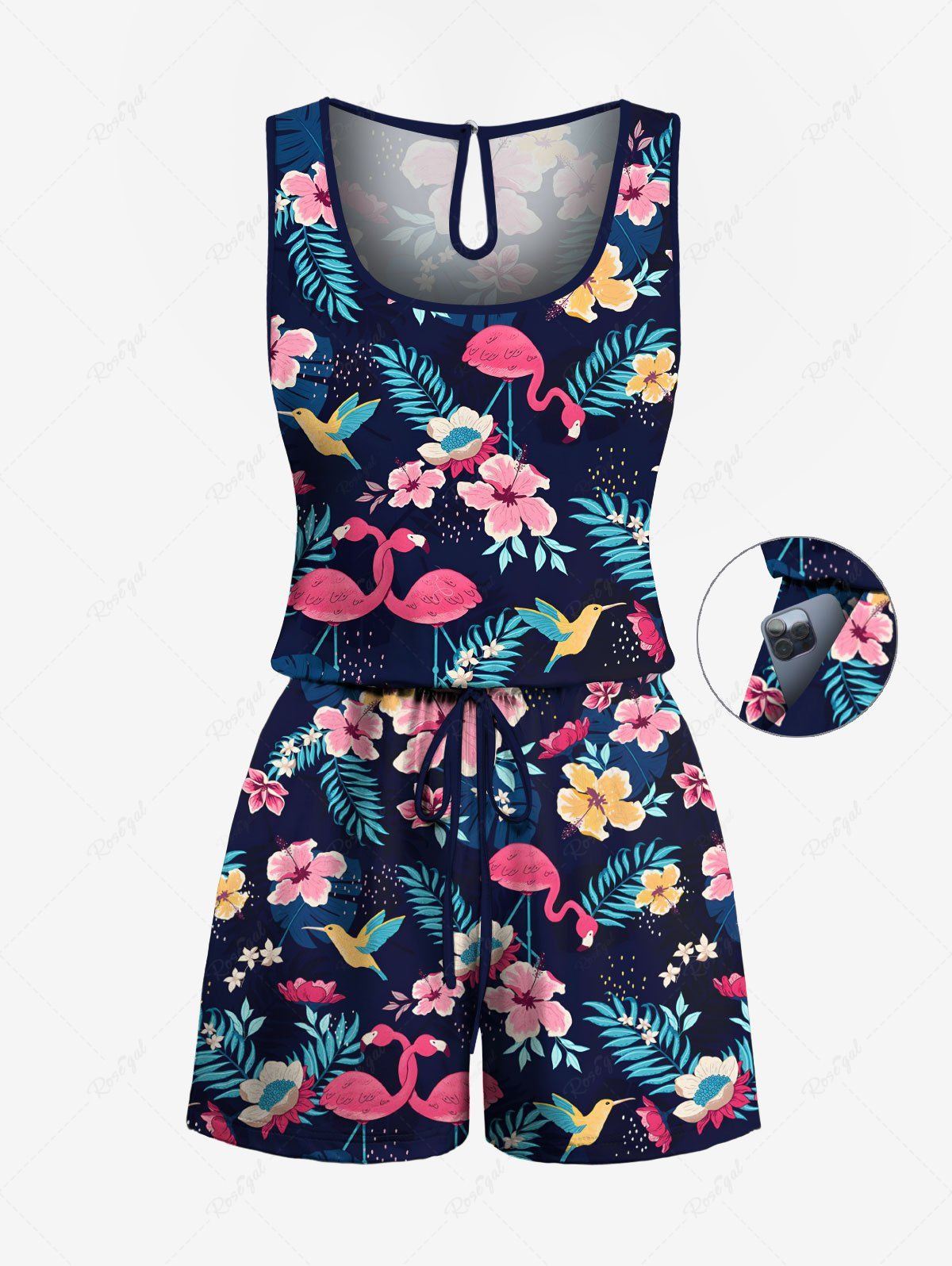 Combinaison hawaïenne cintrée grande taille à imprimé flamant rose et feuilles tropicales Bleu profond 4X