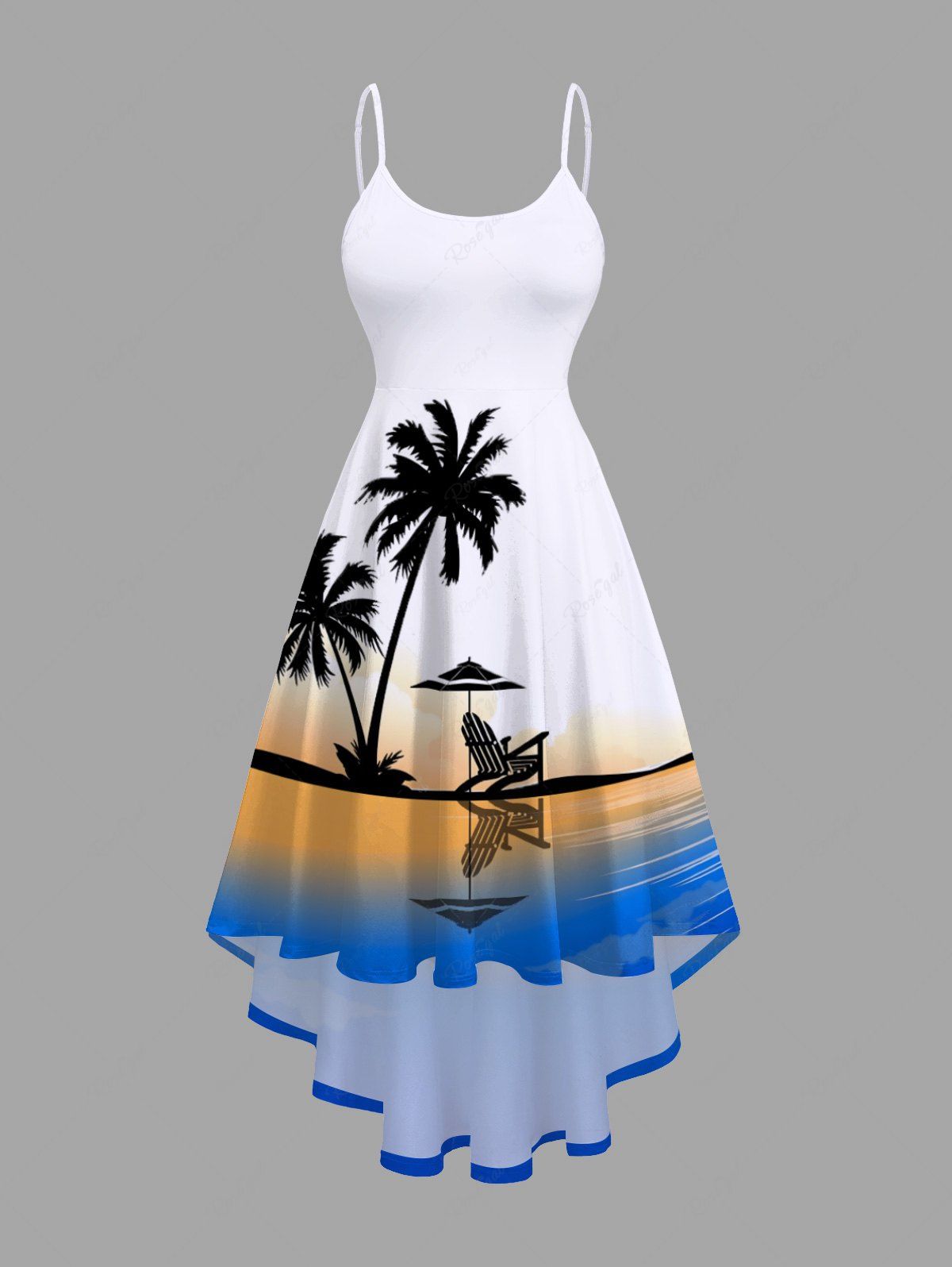 Trendy Plus Size Coconut Tree Seascape Ombre Colorblock Print High Low Hawaii Cami Dress  