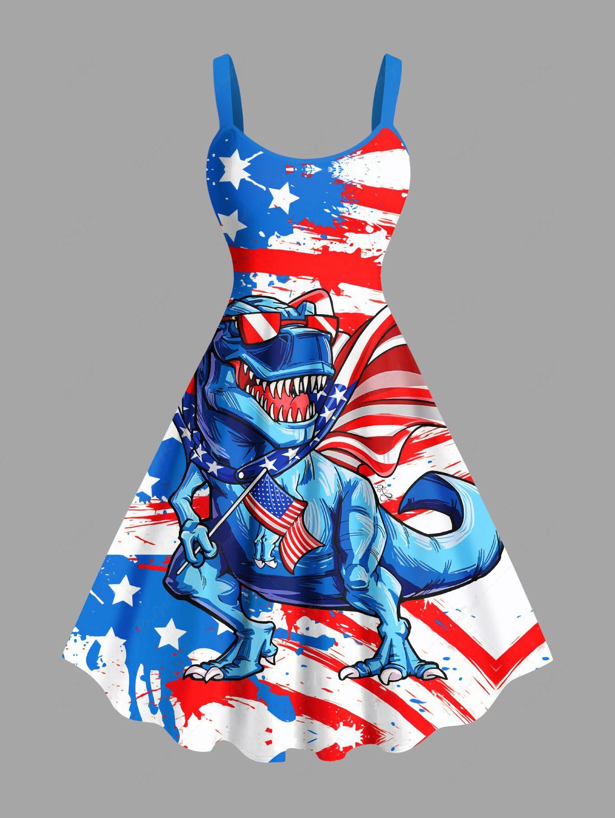 Fashion Plus Size Patriotic American Flag Dinosaur Print Tank Dress  