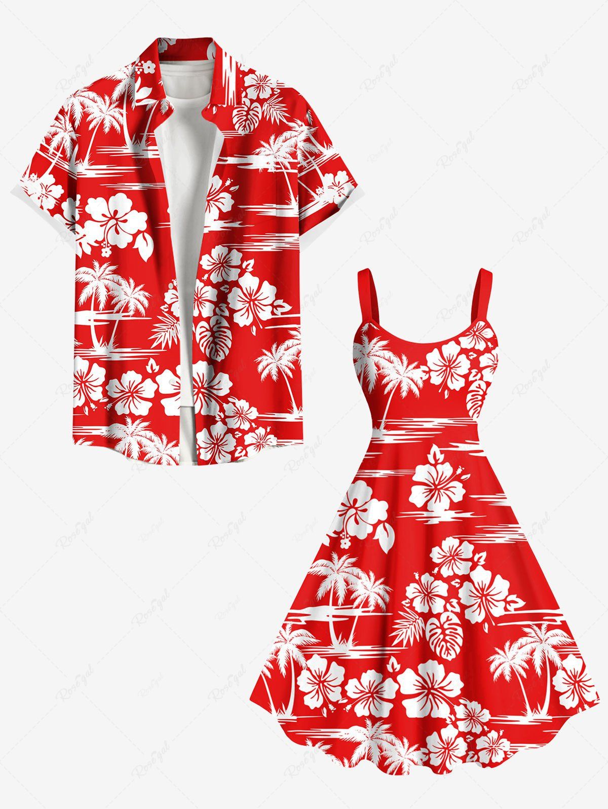 Fashion Tropical Leaf Hibiscus Flowers Coconut Tree Print Plus Size Matching Hawaii Beach Outfit For Couples  