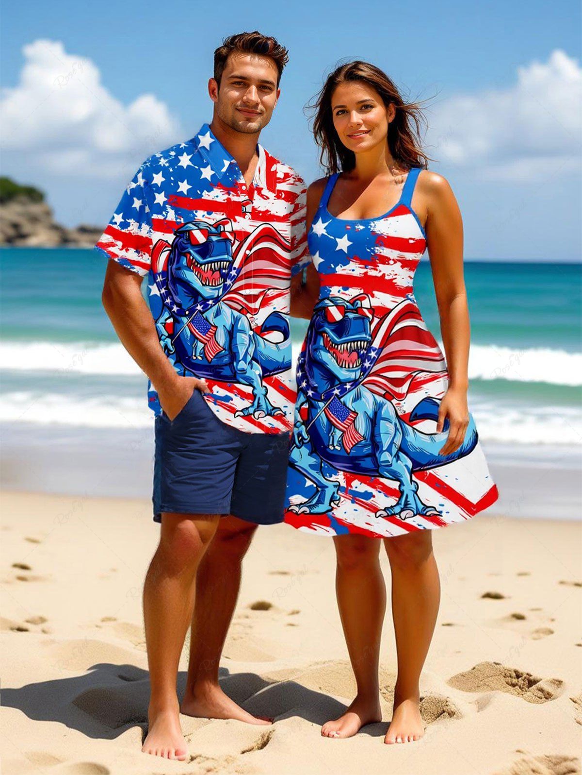 Shops Patriotic American Flag Dinosaur Print Plus Size Matching Hawaii Beach Outfit For Couples  