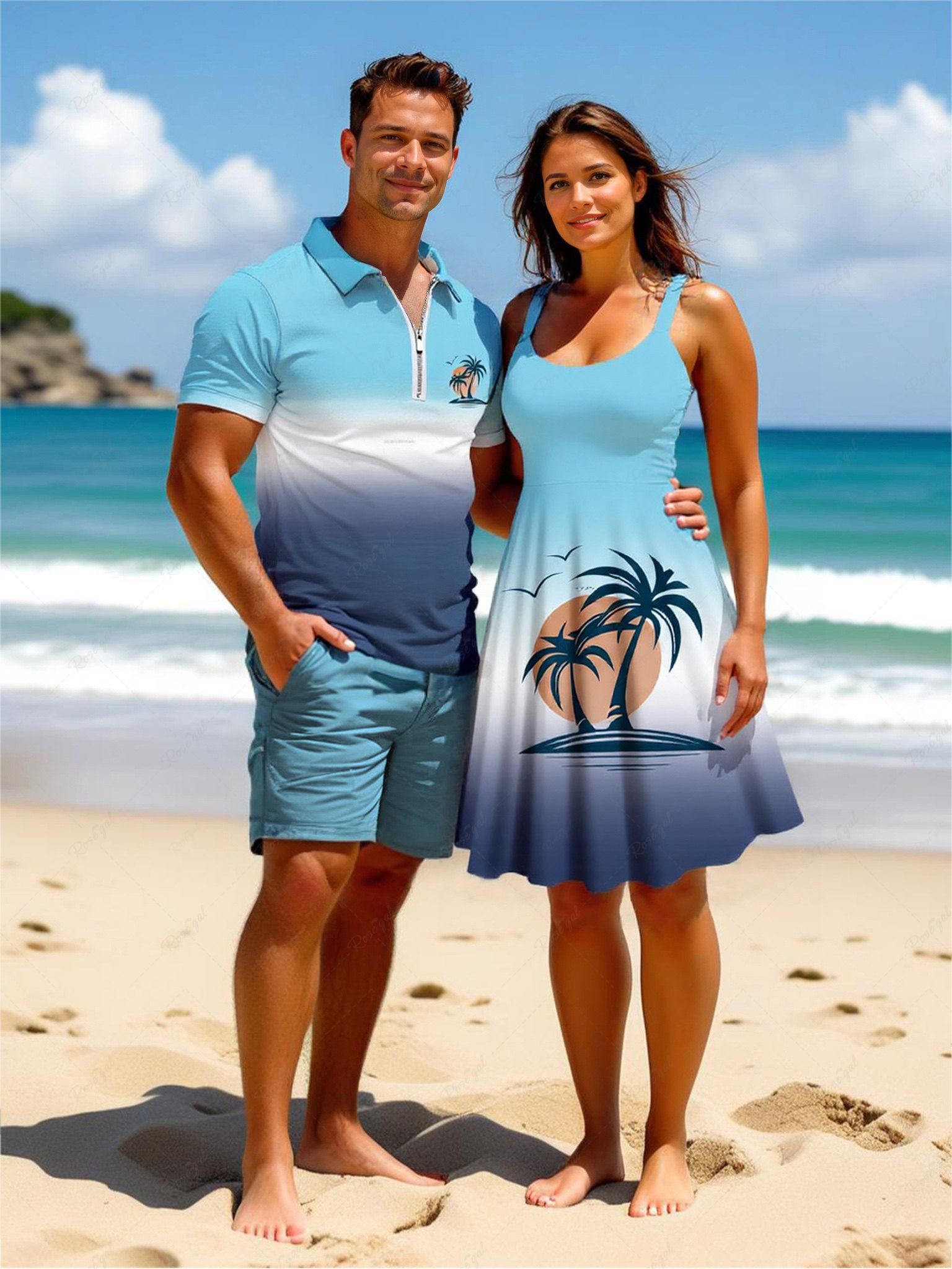 Short de Plage Grande Taille Imprimé Arbre Noix de Coco et Fond de Teint Bleu clair 