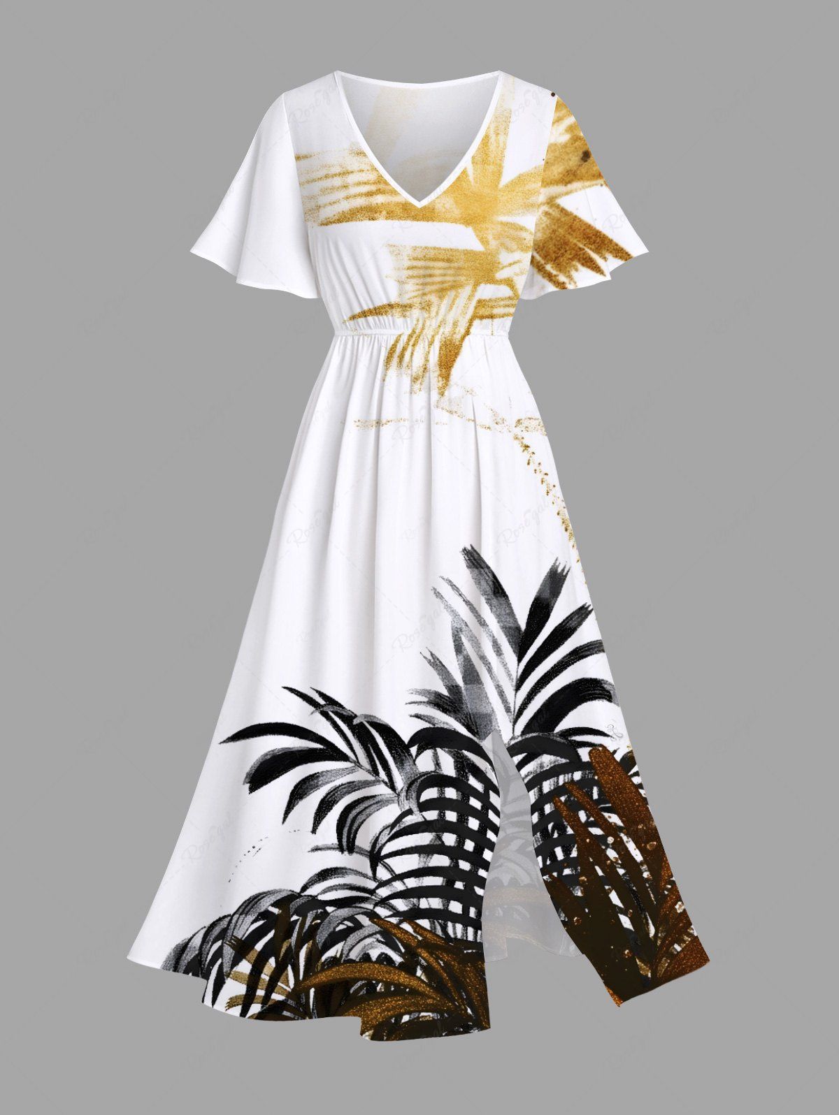 Robe mi-longue hawaïenne grande taille à imprimé feuilles tropicales et poches fendues Blanc XXS