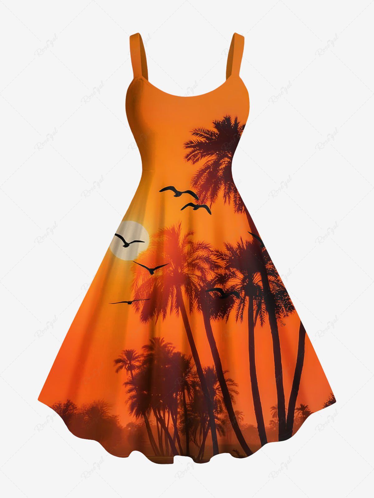 Robe débardeur trapèze hawaïenne grande taille à imprimé cocotiers, crépuscule et coucher de soleil Orange Foncé XXS