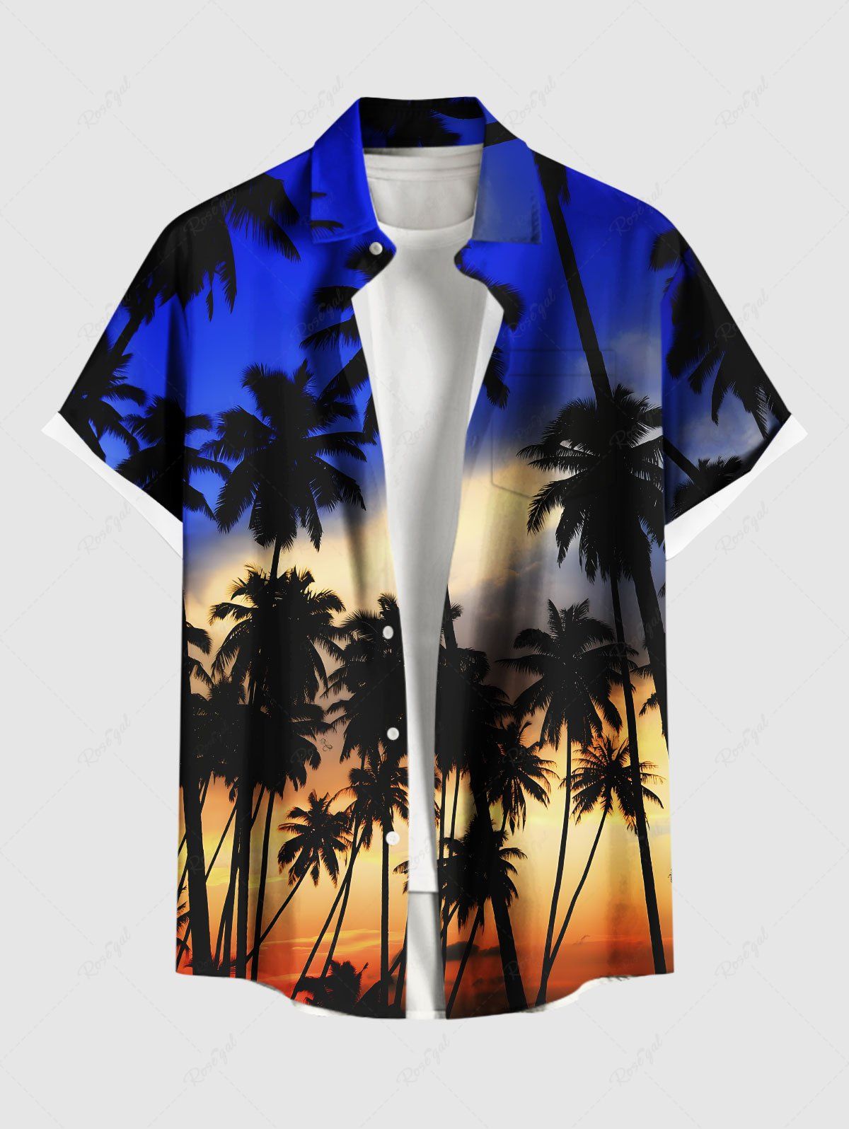 Chemise hawaïenne grande taille à imprimé cocotiers et crépuscule ombré pour homme Bleu profond 2XL