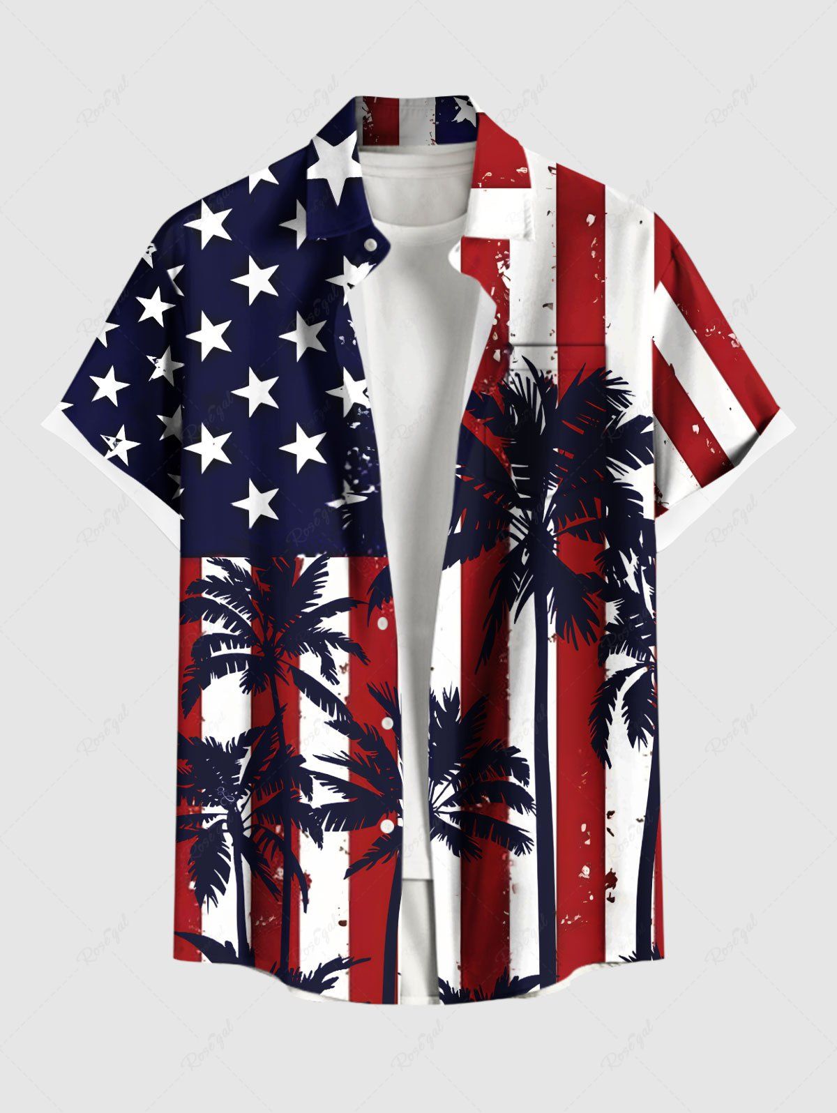 Chic Plus Size Patriotic American Flag Coconut Tree Print Hawaii Button Pocket Shirt For Men  