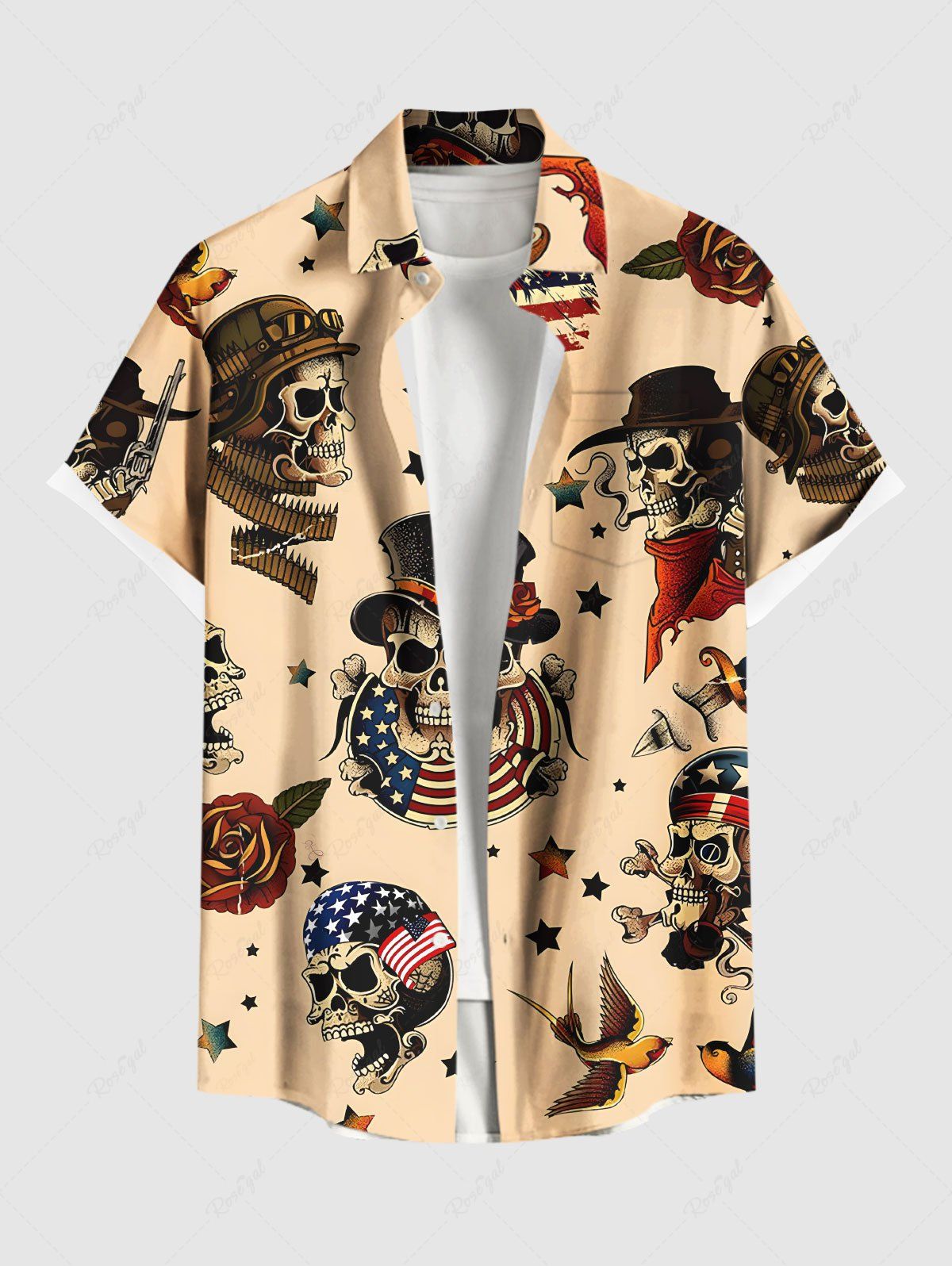 Outfit Plus Size Skull Pirate Patriotic American Flag Rose Flower Eagle Print Hawaii Cruise Shirt For Men  