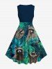 Plus Size Tropical Leaf Little Raccoon Print Hawaii 1950s Vintage Dress -  