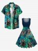 Robe Vintage Trapèze Imprimé Petites Feuilles Tropicales Grande Taille - Vert profond L