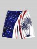 Plus Size Coconut Tree Curve Patriotic American Flag Print Hawaii Drawstring Beach Shorts For Men -  