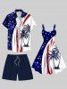 Plus Size Coconut Tree Curve Patriotic American Flag Print Hawaii Drawstring Beach Shorts For Men -  