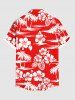 Chemise hawaïenne grande taille à imprimé feuilles tropicales, hibiscus, fleurs, cocotiers, boutons et poches pour homme - Rouge 4XL