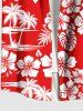 Chemise hawaïenne grande taille à imprimé feuilles tropicales, hibiscus, fleurs, cocotiers, boutons et poches pour homme - Rouge 4XL