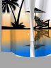 Plus Size Coconut Tree Seascape Ombre Colorblock Print Buttons Pocket Hawaii Shirt For Men -  