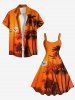 Robe débardeur trapèze hawaïenne grande taille à imprimé cocotiers, crépuscule et coucher de soleil - Orange Foncé XXS