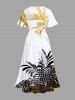 Plus Size Tropical Leaf Print Hawaii Split Pocket A Line Midi Dress -  