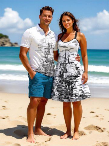 Sailboat Sea Waves Cruise Print Plus Size Matching Beach Couples Outfit - WHITE