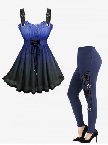 Ombre Printed Lace Up Tank Top and Flocking Mesh Pockets Leggings Plus Size Outfit - BLUE