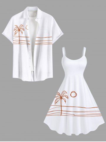 Tenue de plage hawaïenne assortie grande taille, motif cocotier, soleil, vagues, mer, imprimé bonhomme allumette, pour couples