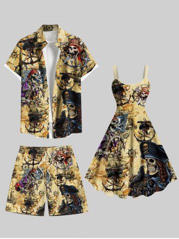 Skull Pirate Anchor Ship Rudder Map Cruise Print Plus Size Matching Hawaii Beach Outfit For Couples - LIGHT COFFEE