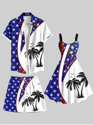 Patriotic American Flag Coconut Tree Print Plus Size Matching Hawaii Beach Outfit For Couples