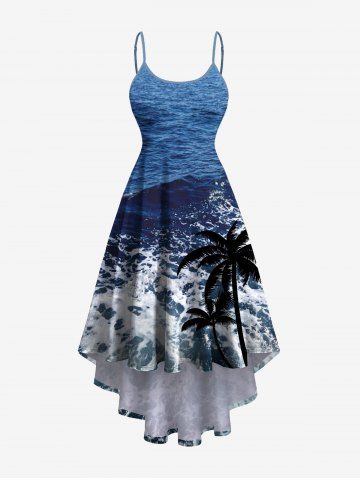 Plus Size Coconut Tree Sea Waves Print High Low Hawaii Cami Dress - BLUE - XXS