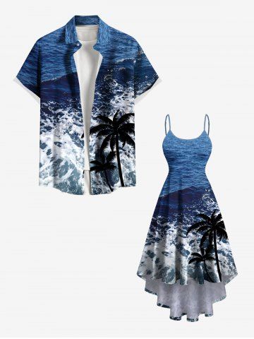 Plus Size Coconut Tree Sea Waves Print High Low Hawaii Cami Dress