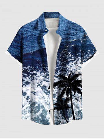 Plus Size Coconut Tree Sea Waves Print Buttons Pocket Hawaii Shirt For Men - BLUE - L